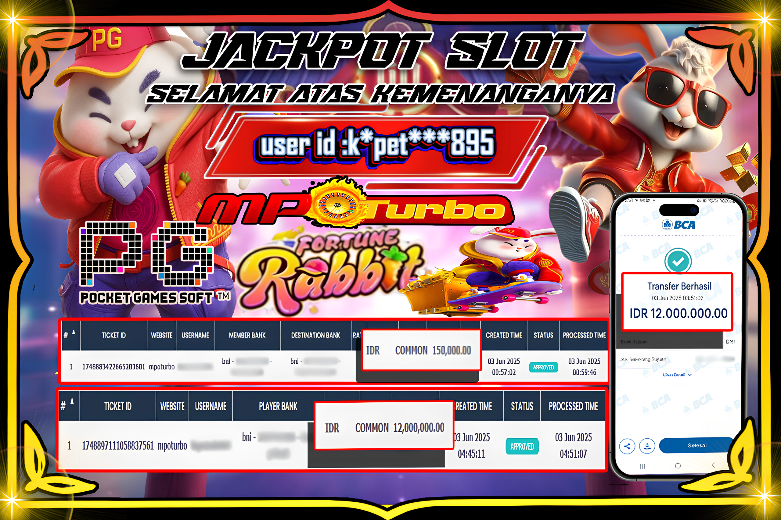 MPOTURBO JACKPOT SLOT FORTUNE RABBIT - PG SOFT Rp 12,000,000.00,- LUNAS